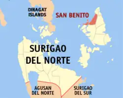 Map of Surigao del Norte with San Benito highlighted