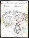 Ink wash of a plan of Bangalore by Robert Home (1752–1834) in 1791. Plan of Bangalore (with the Attacks) taken by the English Army under the Command of the Rt. Hon. Earl Cornwallis KG etc. March 22, 1791. Part of 22 drawings along with a map and three plans completed by Home, whilst accompanying the British army under Cornwallis during the 3rd Mysore War 1791–1792[46]