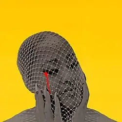 A low-contrast cutout of Rapsody, hands to her head and covered in fishnetting, against a bold yellow background and a single red digitally painted tear from her right eye.