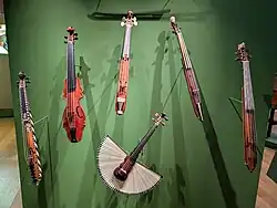 Pochettes including one incorporating a fan, at the Royal College of Music Museum, London