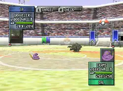 A horizontal rectangular video game screenshot that is a digital representation of a stadium. A coiled purple snake and bipedal rock creature face each other near the center. In the top left corner is a box that reads "1P Graveler" and includes statistics for the rock creature. In the bottom right corner is a similar box that reads "Ekans Cal" with statistics for the snake.