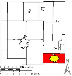 Location of Polk Township (red) in Crawford County, next to the city of Galion (yellow)
