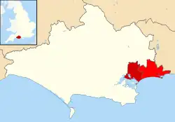 Former Poole unitary authority (dark red) within Bournemouth, Christchurch and Poole (red)