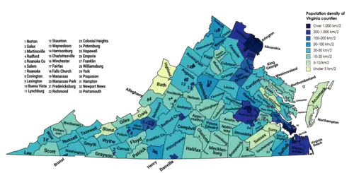 Map of Virginia counties colored by population density, ranging from pale yellow, to green, to dark blue.