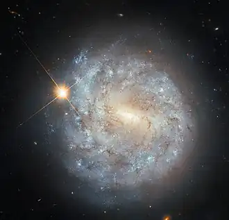 A spiral galaxy seen face-on. Broken spiral arms made of blue patches of stars and thin strands of dark dust swirl around the galaxy’s centre, forming a broad, circular disc. An extended circular halo surrounds the disc. The centre is a brightly-glowing, stubby bar-shaped area in a pale yellow colour. A bright star in our own galaxy, with long cross-shaped diffraction spikes, is visible atop the distant galaxy.