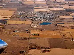 Looking east at Morinville; Highway 2 passes west of the town