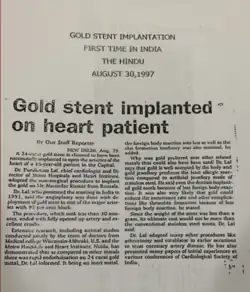 Press Coverage in the Hindu for Gold Stent