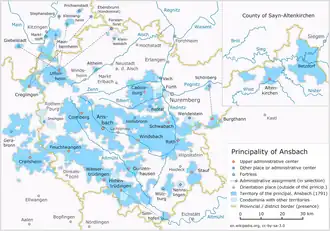 The Principality of Brandenburg-Ansbach as of 1791, superimposed over modern borders.