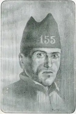 Drawing of Radowitzky wearing a prison uniform and a cap with the number 155