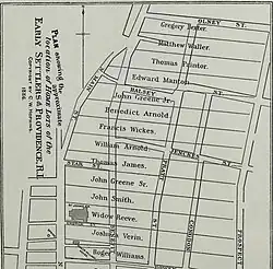 Detail showing Green's lot overlaid on current streets