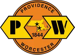 The logo of the Providence and Worcester Railroad. In addition to showing the railroad's name, a map of Massachusetts and Rhode Island is at the center of the logo, with stars indicating the locations of Providence and Worcester, and the year "1844", when the company was formed.
