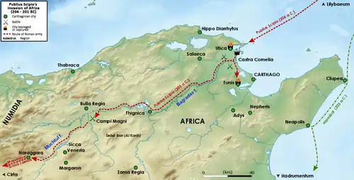 A map of northern Tunisia and north-east Algeria showing the route of Scipio's army