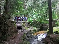 Steps down from the old main road to the foot of the trail