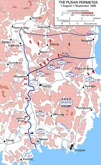 Map showing the dispositions of military forces around the Pusan Perimeter in August–September 1950. Pusan is in the bottom righthand corner of the map, markings show that the US and their allies held land roughly rectangular in shape, approximately 30 miles east–west, and 60 north-south on 3 August, shrinking to 40 miles north–south by 26 August. The map also shows that much of the terrain is very hilly.