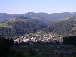 View of the town of Putyla and the Carpathian Mountains in the background.