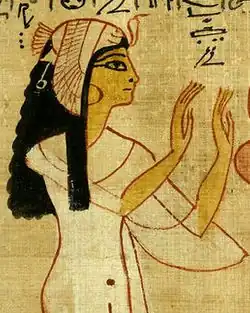 Nodjmet, wife of the High Priest of Amun Herihor, wearing a vulture crown. Book of the Dead of Nodjmet, Twenty-first Dynasty (c. 1064 BCE)