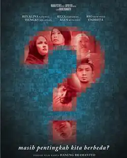 A poster composed of a collage of photographs of faces, several of which form a red question mark on a blue background