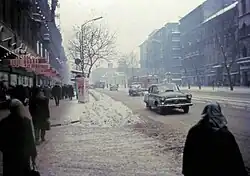 Rákóczi út corner with Kazinczy utca looking towards the Szent Rókus chapel, 1970