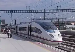 A RENFE AVE S-103 (Siemens Velaro E) at Figueres Vilafant railway station in 2013.