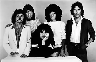 REO Speedwagon in 1982. From left to right: Neal Doughty, Bruce Hall, Gary Richrath, Kevin Cronin and Alan Gratzer