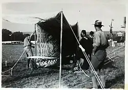 Egyptian scouts raising a decorated khayamiya tent at the 4th World Scout Jamboree in Budapest, Hungary in 1933