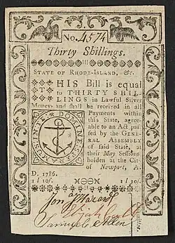 A 1786 Rhode Island bank note featuring the Rhode Island seal with the inscription: "STATE OF RHODE-ISLAND, &c. THIS Bill is equal to THIRTY SHILLINGS in Lawful Silver Money, and shall be received in all Payments within this State, agreeable to an Act passed by the GENERAL ASSEMBLY of said State, at their May Sessions, holden at the City of Newport, A. D. 1786. 1l 10s." ; "Committee" is written vertically, to the right of the signatures. ; Within seal: "DOMINE: SPERAMUS: IN: TE:" ; Verso: "One Pound Ten. Printed by SOUTHWICK and BARBER. Death to Counterfeit."