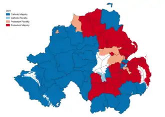 Religious Background in each Electoral Area 2011.[66] Protestants outnumbered Catholics in 44 out of the 80 Electoral Areas