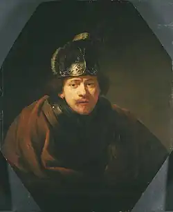Portrait of Rembrandt with Gorget and Helmet, 1634. Staatliche Museen, Kassel. Debated authorship.[24]