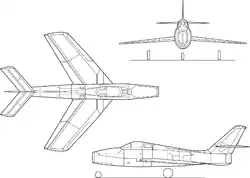 3-view line drawing of the Republic F-84F Thunderstreak