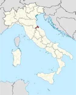 Map highlighting the location of the province of Rimini in Italy