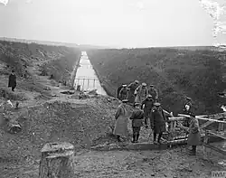 King George V at Riqueval Bridge, the scene of the exploit of the 137th Brigade when the 46th Division crossed the St Quentin Canal cutting on 29 September 1918 (photo taken 2 December).