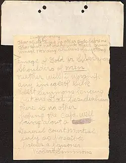 The back of a letter, presented as Exhibit A in his GCM trial, describing his motivations as a conscientious objector.