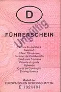 Old German paper driving license (1986 - 1998), model of the European Communities