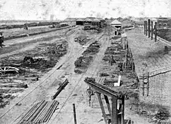 The Rosario Central station (owned by British "Central Argentine Railway") still under construction. Some elements (such as the main building and the tower with its clocks) would be constructed later.