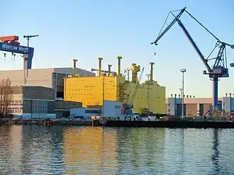 Construction of the SylWin alpha offshore converter platform at the Warnowwerft Rostock shipyard