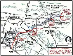 A map showing the Santa Ana River, a few of its tributaries, county boundaries, and a floodplain boundary