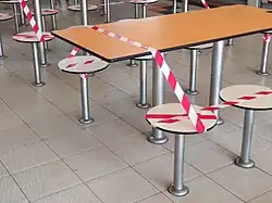 Tables and seats cordoned off with tape