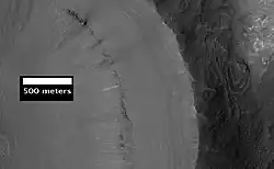 Close-up of Saheki Crater layers, as seen by HiRISE.