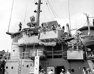 View of USS Salinan (ATF-161)'s port bridge while underway during a dependent's cruise, 18 May 1968.