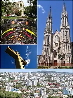 On the right, São João Batista Cathedral. On the left, the city hall, citizens parading in German attire during Oktoberfest, and the hilltop cross. Below, a panoramic view of the city center.