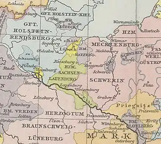 The Duchy of Saxe-Lauenburg around 1400.