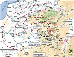 Map with broken lines showing the advance of the German army across northeastern France.