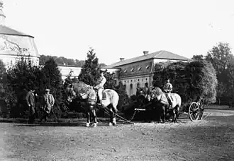 Rhenish German Coldbloods pulling a hay wain about 1900