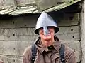 Modern helmet in Viking look with nose protection