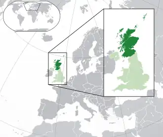 Location of Scotland (dark green) – in Europe (green & dark grey) – in the United Kingdom (green)