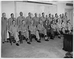 Army commanders in the United States and certain overseas commanders meet with Secretary of the Army Frank Pace and General J. Lawton Collins, Army Chief of Staff, in the Pentagon in routine sessions, June 5, 1952. Major General Leland Hobbs is stood fourth from the right, between Lieutenant General Maxwell D. Taylor (left) and Major General Albert C. Smith (right).