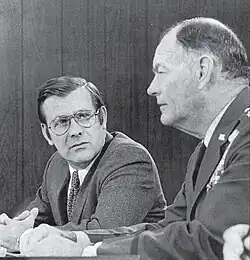 Secretary of Defense Donald Rumsfeld and Chairman of the Joint Chiefs of Staff General George S. Brown at The Pentagon, January 15, 1976