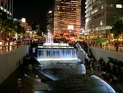 Cheonggyecheon stream at night in downtown Seoul