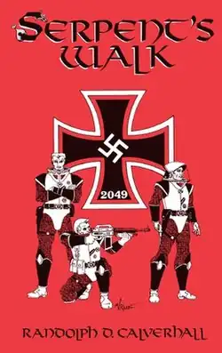 The book's cover, largely red with white and black. Three Nazi soldiers wearing sci-fi outfits pose in front of an Iron Cross with a swastika in the middle and 2049 at the bottom