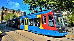 A Sheffield Supertram in current blue, orange and red Stagecoach livery.